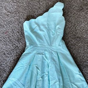 Blue short scalloped edge one shoulder dress